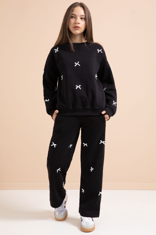 Siyah Fiyonk Nakışlı Bisiklet Yaka Kız Çocuk Şardonlu Eşofman Takımı 21288