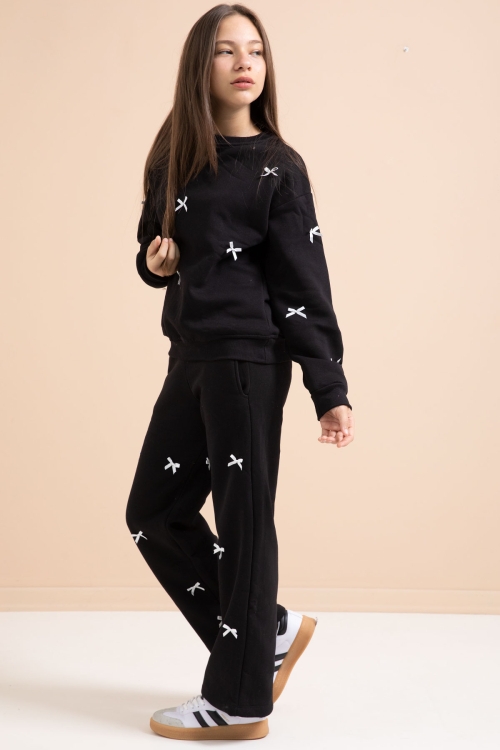 Siyah Fiyonk Nakışlı Bisiklet Yaka Kız Çocuk Şardonlu Eşofman Takımı 21288