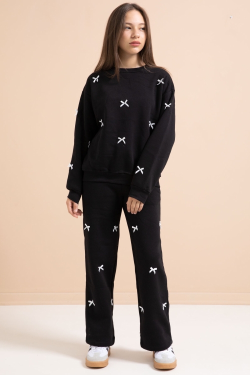 Siyah Fiyonk Nakışlı Bisiklet Yaka Kız Çocuk Şardonlu Eşofman Takımı 21288