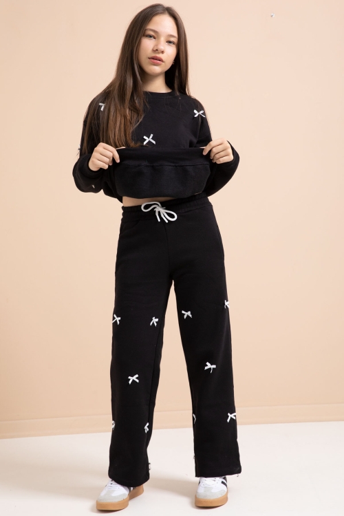 Siyah Fiyonk Nakışlı Bisiklet Yaka Kız Çocuk Şardonlu Eşofman Takımı 21288