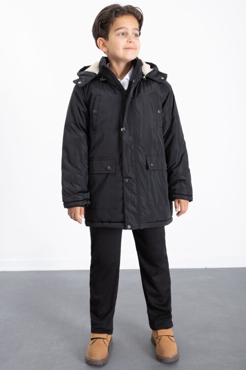 Siyah İçi Kürklü Çıkarılabilir Kapüşonlu Basic Erkek Çocuk Şişme Mont 21439