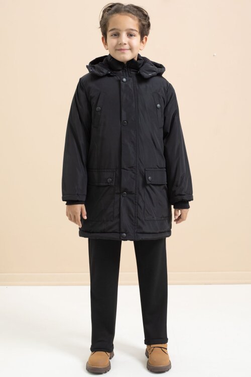 Siyah İçi Kürklü Çıtçıtlı Cepli Uzun Kesim Erkek Çocuk Kapüşonlu Şişme Mont 21444