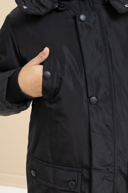 Siyah İçi Kürklü Çıtçıtlı Cepli Uzun Kesim Erkek Çocuk Kapüşonlu Şişme Mont 21444