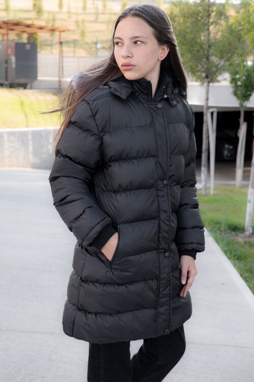 Siyah İçi Kürklü Çıtçıtlı Kapüşonlu Kız Çocuk Şişme Mont 21317