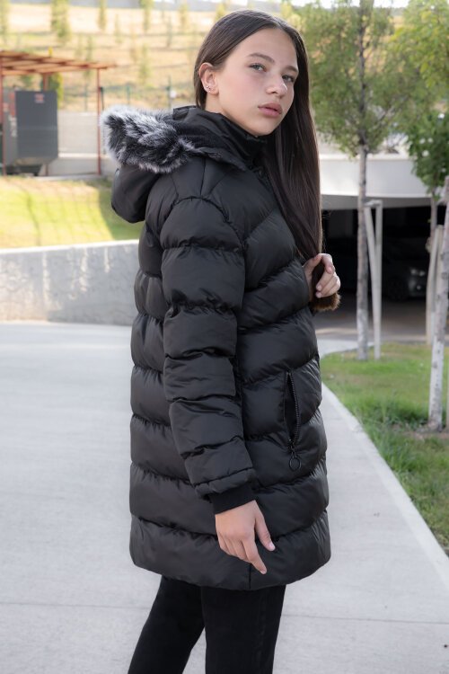 Siyah İçi Kürklü Çıtçıtlı Kapüşonlu Kız Çocuk Şişme Mont 21317