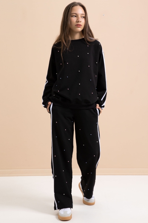 Siyah İnci İşlemeli Bisiklet Yaka Kız Çocuk Şeritli Eşofman Takımı 21291