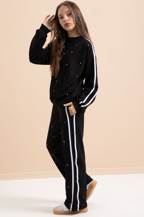 Siyah İnci İşlemeli Bisiklet Yaka Kız Çocuk Şeritli Eşofman Takımı 21291