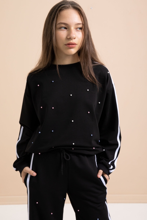 Siyah İnci İşlemeli Bisiklet Yaka Kız Çocuk Şeritli Eşofman Takımı 21291