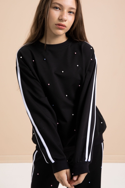 Siyah İnci İşlemeli Bisiklet Yaka Kız Çocuk Şeritli Eşofman Takımı 21291