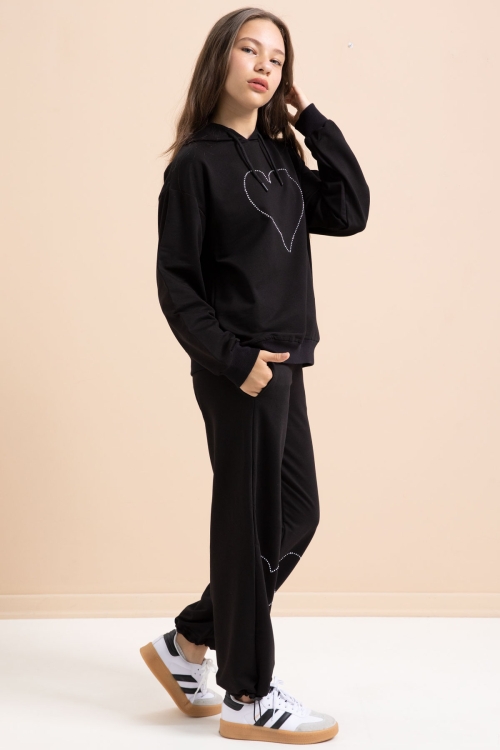 Siyah Kalp Desenli Kapüşonlu Kız Çocuk Eşofman Takımı 21253