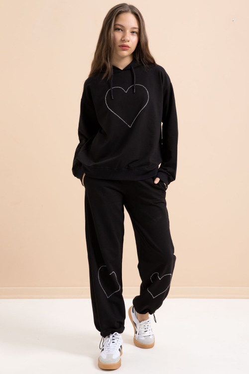 Siyah Kalp Desenli Kapüşonlu Kız Çocuk Eşofman Takımı 21253