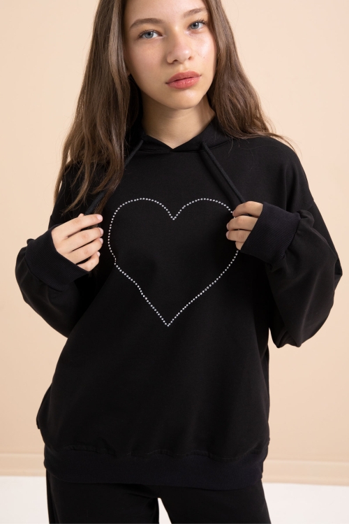 Siyah Kalp Desenli Kapüşonlu Kız Çocuk Eşofman Takımı 21253