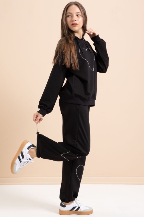 Siyah Kalp Desenli Kapüşonlu Kız Çocuk Eşofman Takımı 21253