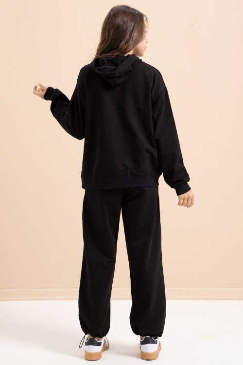 Siyah Kalp Desenli Kapüşonlu Kız Çocuk Eşofman Takımı 21253