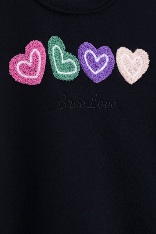 Siyah Kalp Nakışlı Bisiklet Yaka Kız Çocuk Şardonlu Sweatshirt 23250