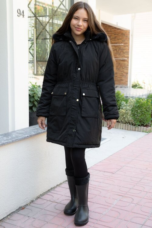 Siyah Kapaklı Cepli İçi Kürklü Çıkarılabilir Kapüşonlu Kız Çocuk Şişme Mont 21480