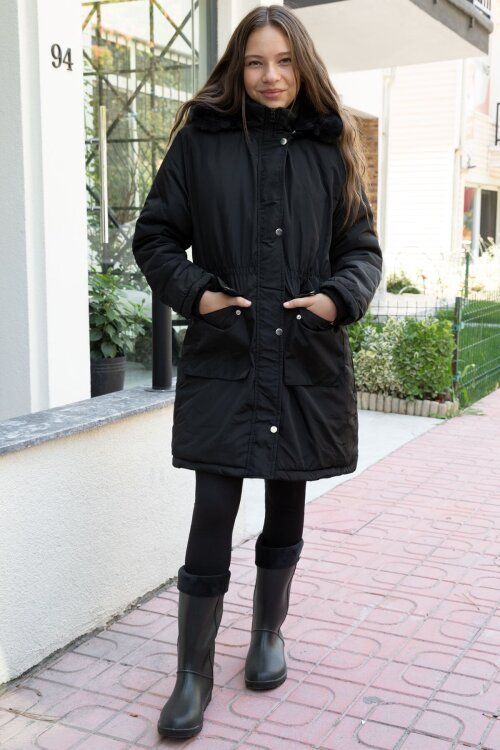 Siyah Kapaklı Cepli İçi Kürklü Çıkarılabilir Kapüşonlu Kız Çocuk Şişme Mont 21480