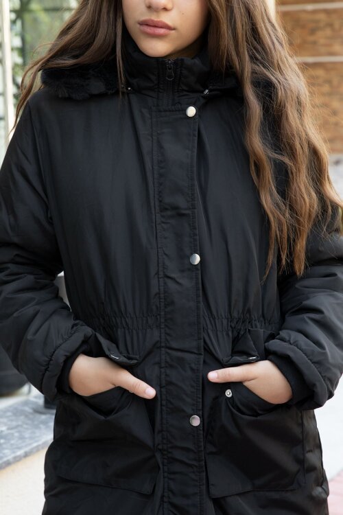 Siyah Kapaklı Cepli İçi Kürklü Çıkarılabilir Kapüşonlu Kız Çocuk Şişme Mont 21480