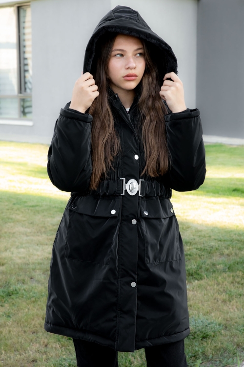 Siyah Kemerli Nubuk Kumaş Kız Çocuk İçi Kürklü Kapüşonlu Şişme Mont 21311