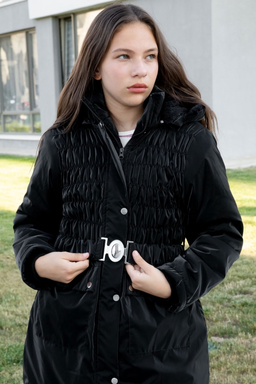 Siyah Kemerli Nubuk Kumaş Kız Çocuk İçi Kürklü Kapüşonlu Şişme Mont 21311