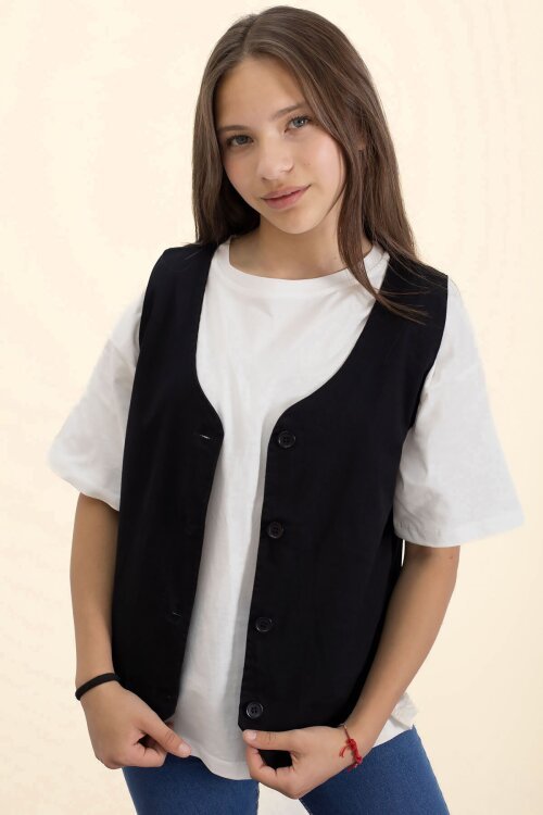 Siyah Keten Düğmeli Yelekli Oversize Tişörtlü Kız Çocuk 2li Takım 21006