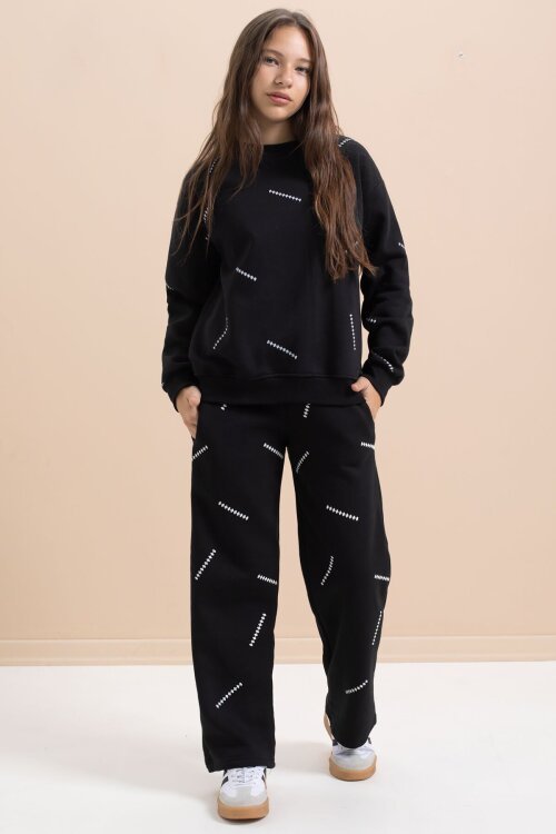 Siyah Kız Çocuk Desenli 3 İplik Şardonlu Geniş Paça Eşofman Takımı 22642