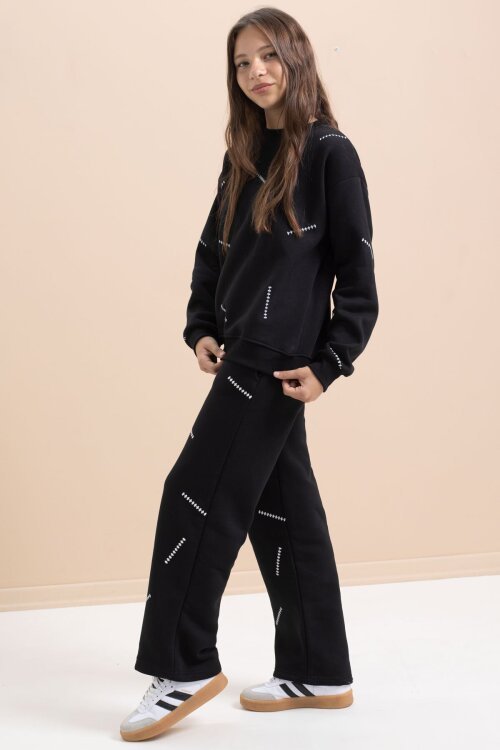 Siyah Kız Çocuk Desenli 3 İplik Şardonlu Geniş Paça Eşofman Takımı 22642