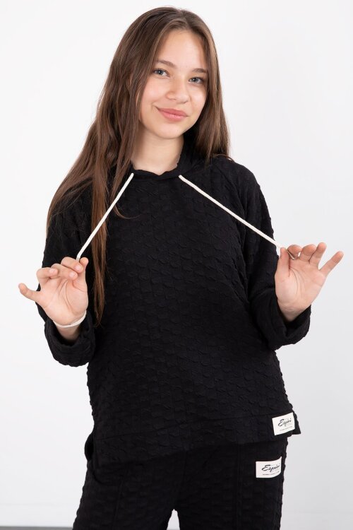 Siyah Kız Çocuk Dokulu Geniş Paça Kapüşonlu Eşofman Takımı 23301