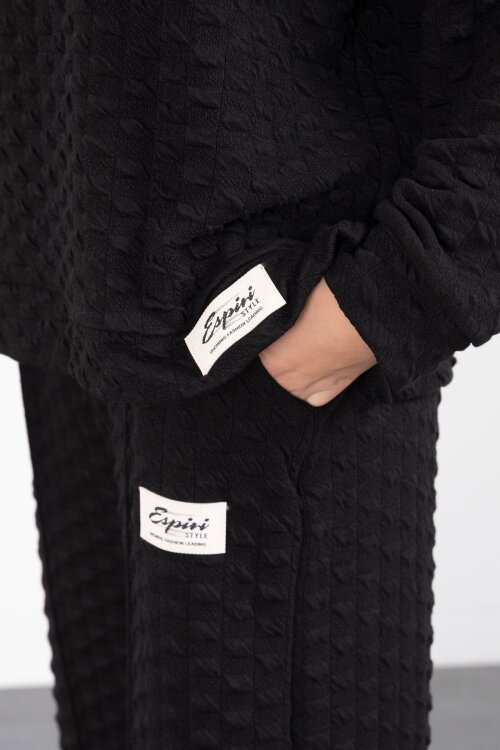 Siyah Kız Çocuk Dokulu Geniş Paça Kapüşonlu Eşofman Takımı 23301