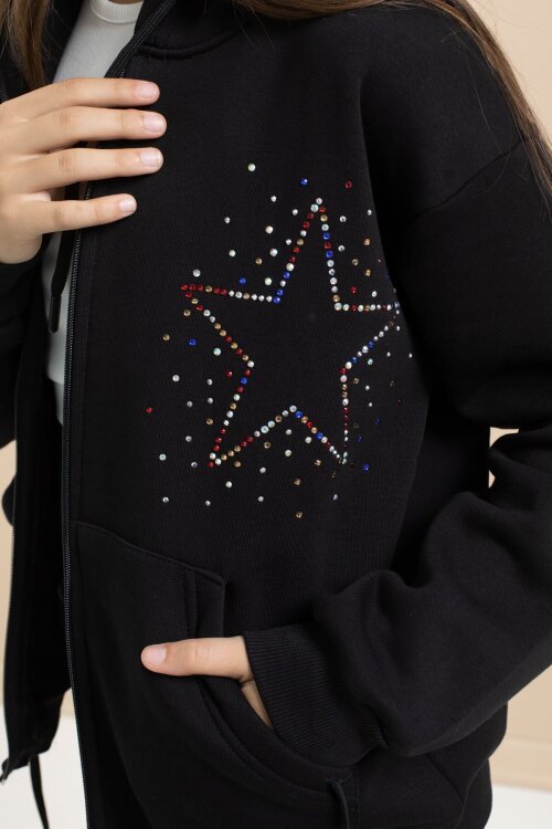 Siyah Kız Çocuk Şardonlu Boncuk İşlemeli 2li Takım 21414