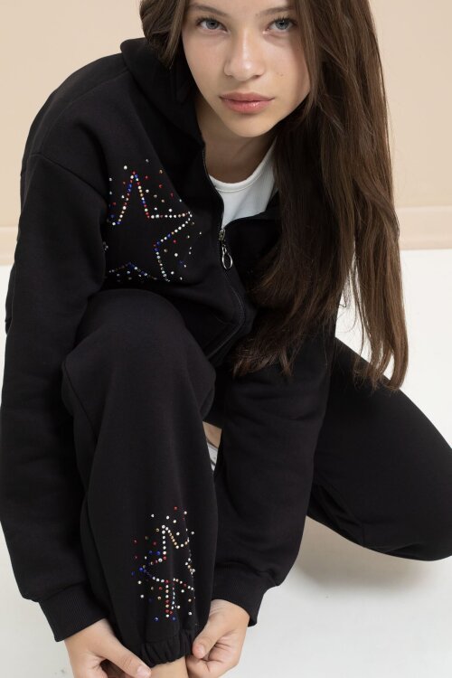 Siyah Kız Çocuk Şardonlu Boncuk İşlemeli 2li Takım 21414