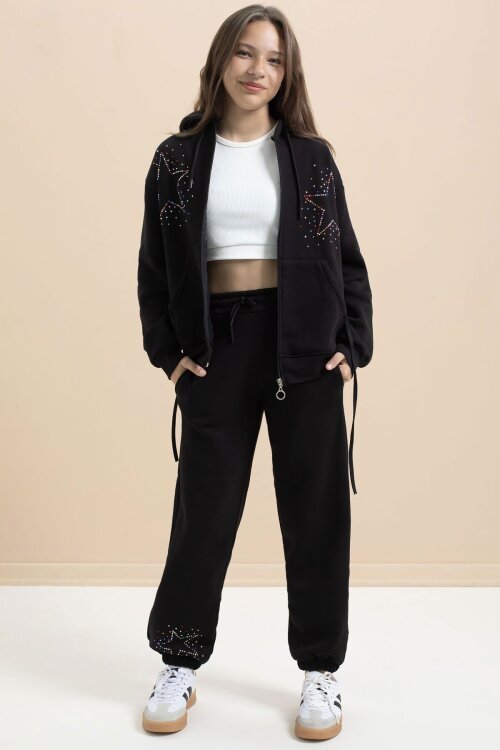 Siyah Kız Çocuk Şardonlu Boncuk İşlemeli 2li Takım 21414