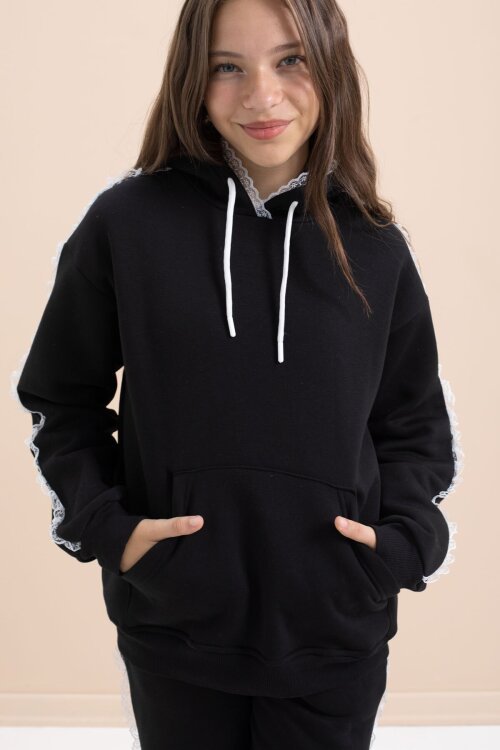 Siyah Kız Çocuk Şardonlu Dantel Detaylı 3 İplik Takım 21503