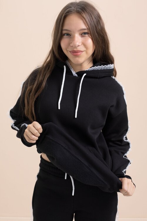 Siyah Kız Çocuk Şardonlu Dantel Detaylı 3 İplik Takım 21503