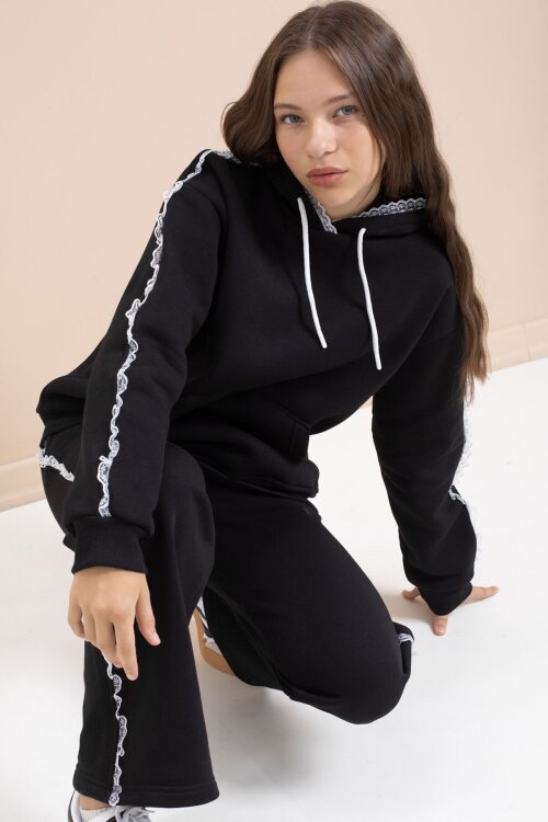 Siyah Kız Çocuk Şardonlu Dantel Detaylı 3 İplik Takım 21503