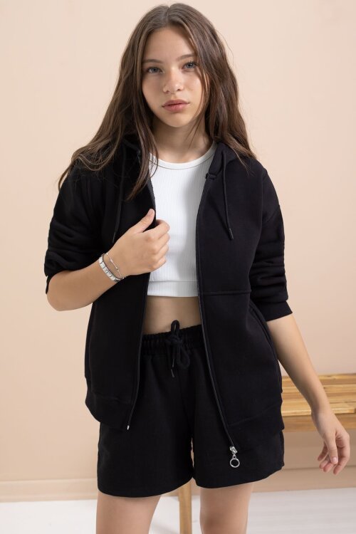 Siyah Kız Çocuk Şardonlu Kapüşonlu Hırka 21518