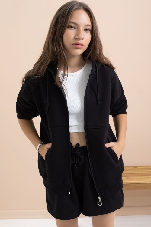 Siyah Kız Çocuk Şardonlu Kapüşonlu Hırka 21518