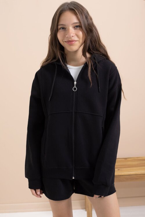 Siyah Kız Çocuk Şardonlu Kapüşonlu Hırka 21518