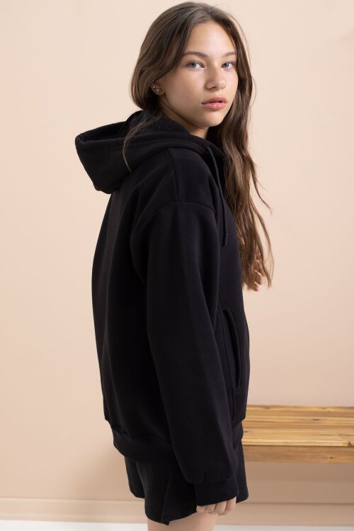 Siyah Kız Çocuk Şardonlu Kapüşonlu Hırka 21518