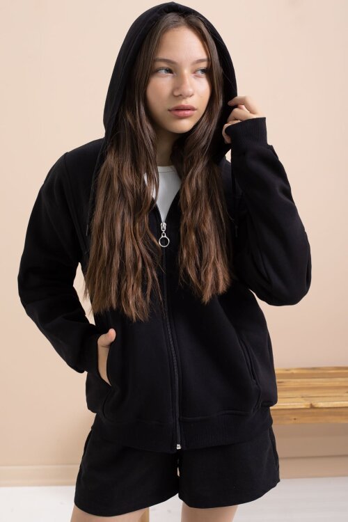 Siyah Kız Çocuk Şardonlu Kapüşonlu Hırka 21518