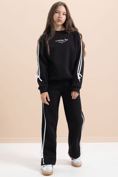 Siyah Kız Çocuk Şerit Detaylı 3 İplik Şardonlu Takım 21513