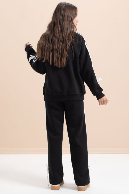 Siyah Kız Çocuk Şerit Detaylı 3 İplik Şardonlu Takım 21513