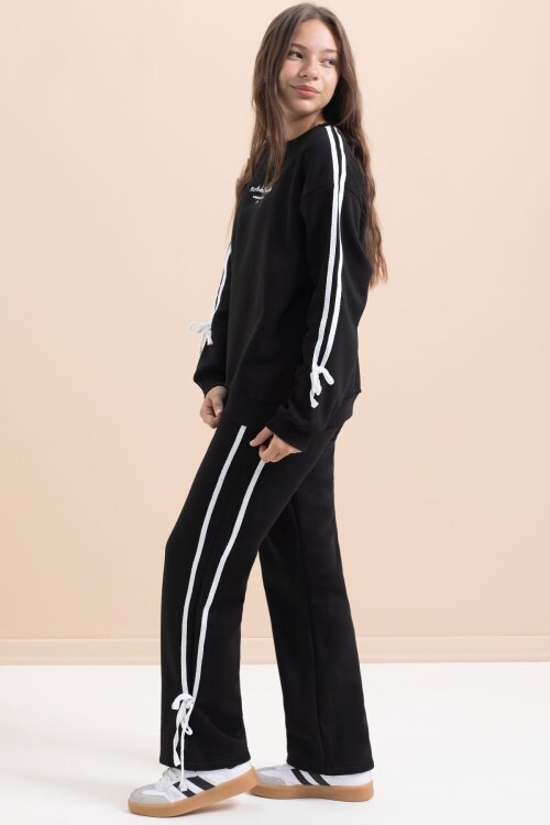 Siyah Kız Çocuk Şerit Detaylı 3 İplik Şardonlu Takım 21513