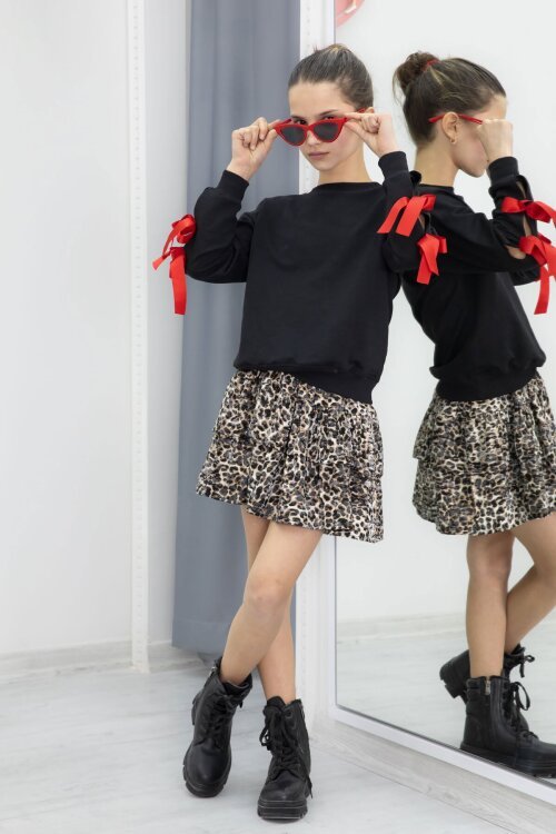 Siyah Kolları Fiyonk Detaylı Badili Leopar Etekli Kız Çocuk Takım 20190