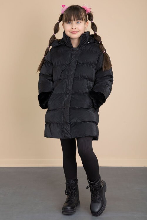 Siyah Kolu Kürk Detaylı İçi Yünlü Kız Çocuk Kapüşonlu Şişme Mont 21326