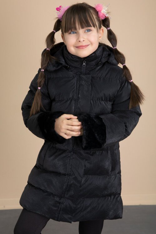 Siyah Kolu Kürk Detaylı İçi Yünlü Kız Çocuk Kapüşonlu Şişme Mont 21326