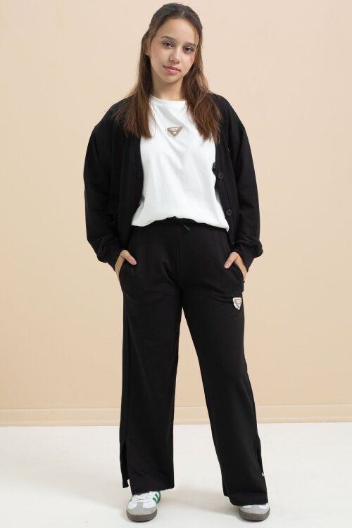 Siyah Logo Detaylı Düğmeli Hırkalı kız Çocuk Yırtmaçlı 3lü Atl-Üst Takım 21374