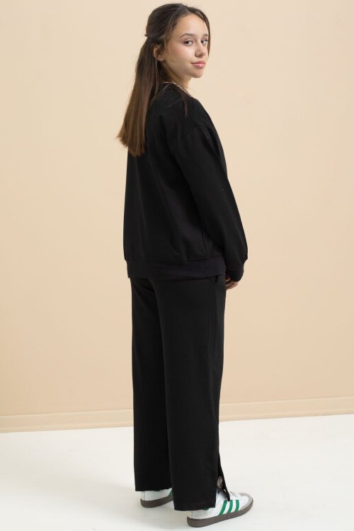 Siyah Logo Detaylı Düğmeli Hırkalı kız Çocuk Yırtmaçlı 3lü Atl-Üst Takım 21374