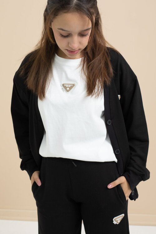 Siyah Logo Detaylı Düğmeli Hırkalı kız Çocuk Yırtmaçlı 3lü Atl-Üst Takım 21374