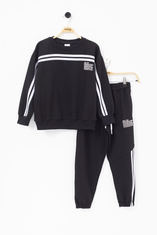 Siyah Şerit Detaylı Bisiklet Yaka Erkek Çocuk Basic Eşofman Takımı 21260